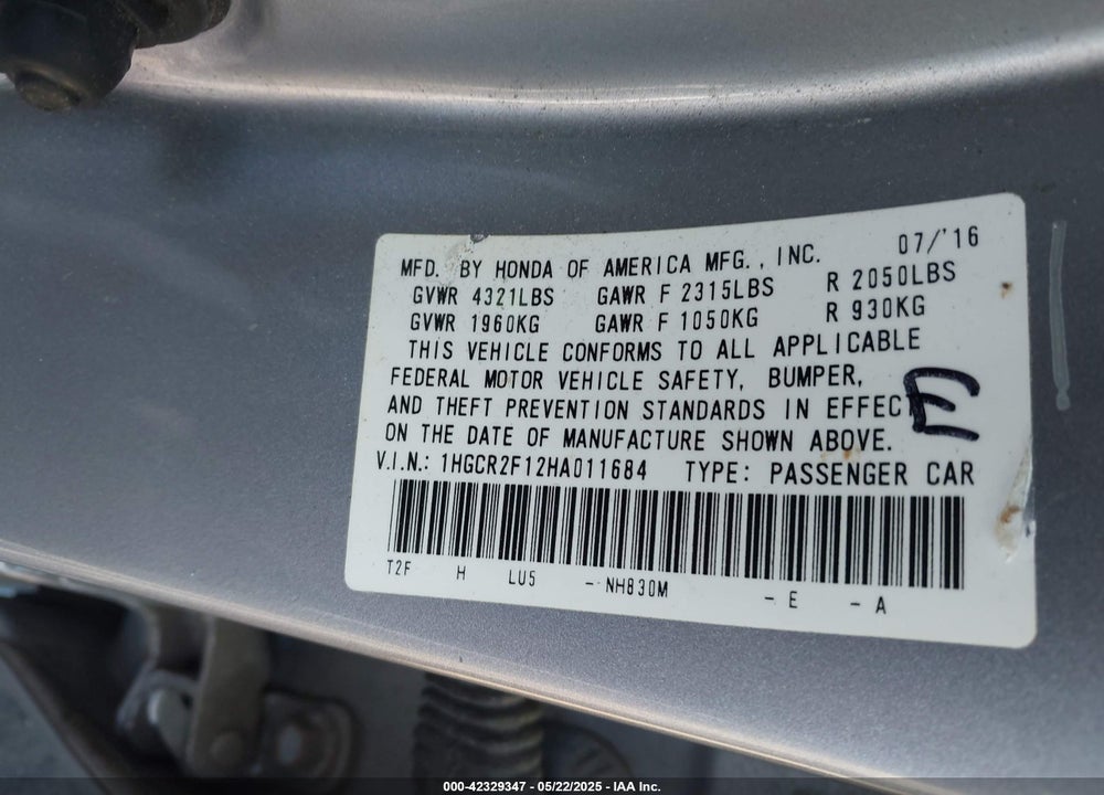2017 HONDA ACCORD VIN: 1HGCR2F12HA011684