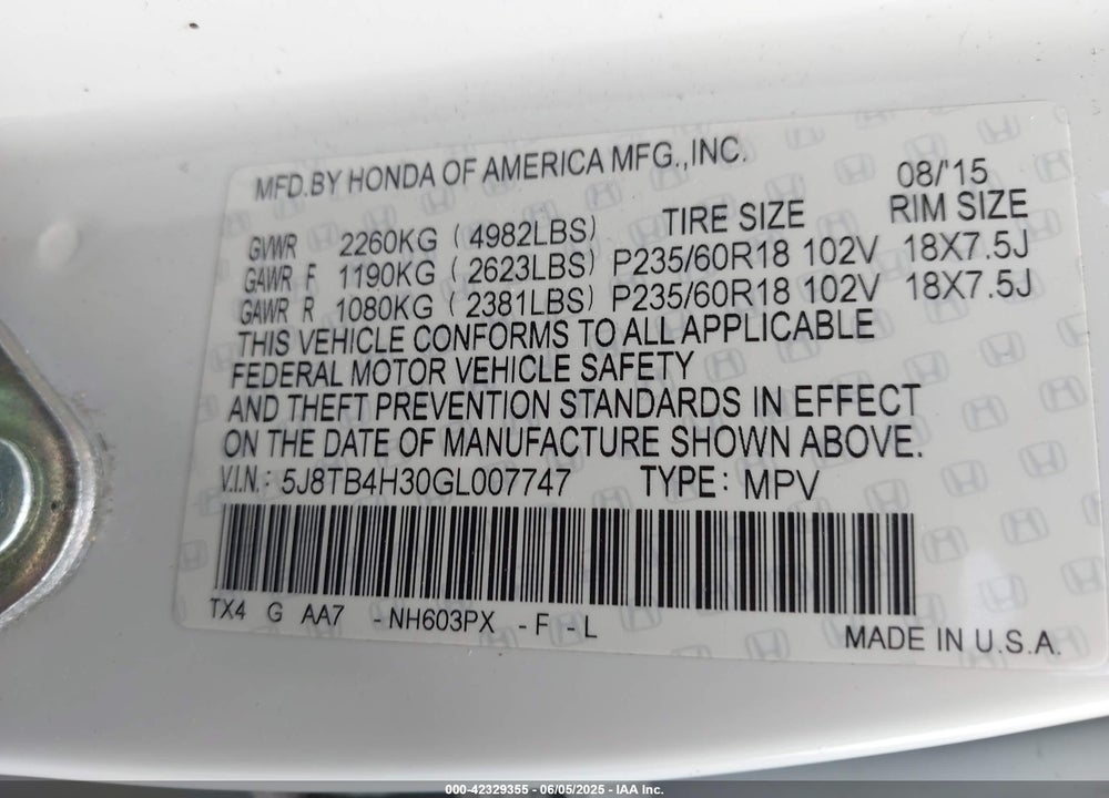 2016 ACURA RDX VIN: 5J8TB4H30GL007747