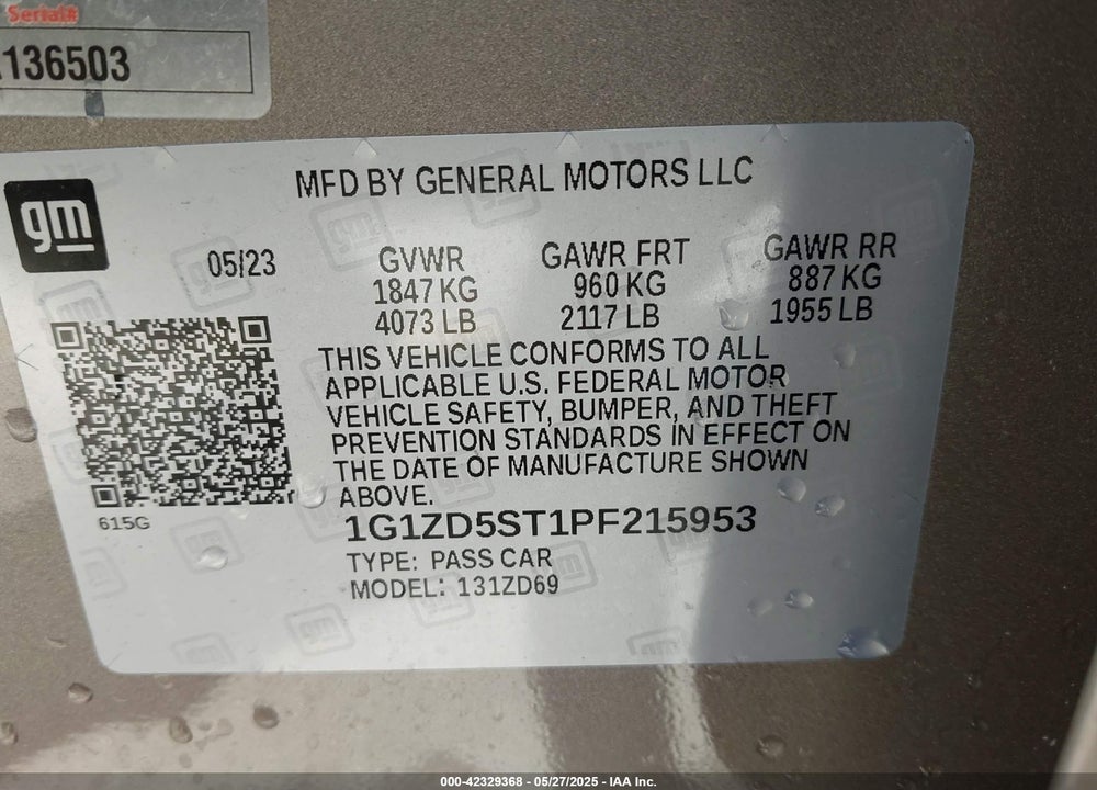 2023 CHEVROLET MALIBU VIN: 1G1ZD5ST1PF215953