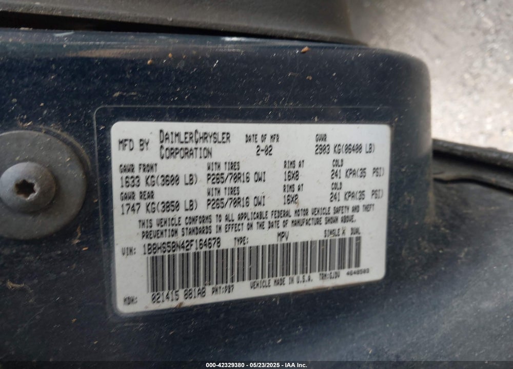 2002 DODGE DURANGO SLT PLUS VIN: 1B8HS58N42F164678