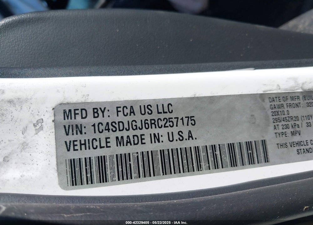 2024 DODGE DURANGO VIN: 1C4SDJGJ6RC257175