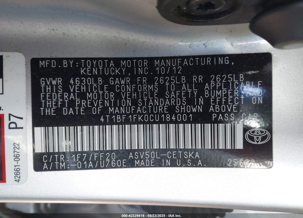 2012 TOYOTA CAMRY SE VIN: 4T1BF1FK0CU184001