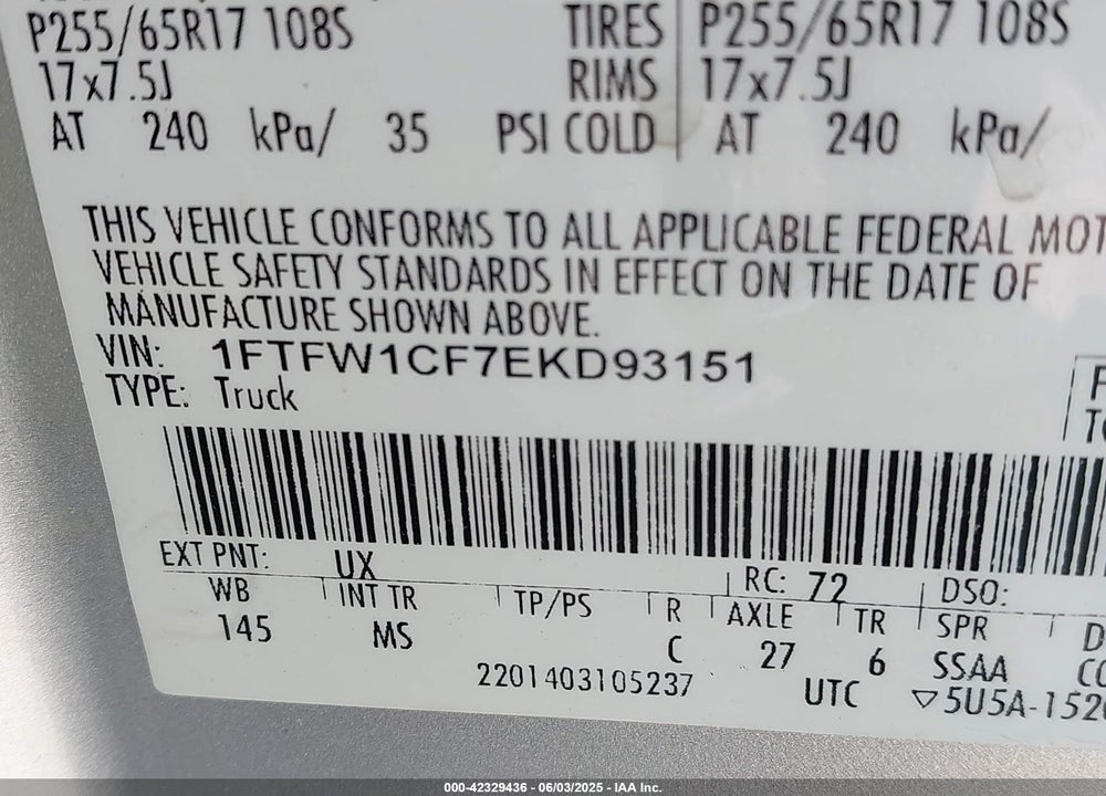 2014 FORD F-150 XLT VIN: 1FTFW1CF7EKD93151