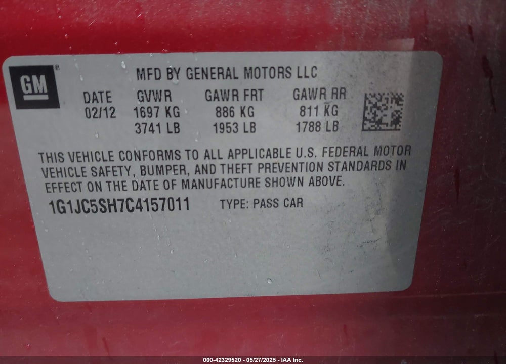 2012 CHEVROLET SONIC VIN: 1G1JC5SH7C4157011