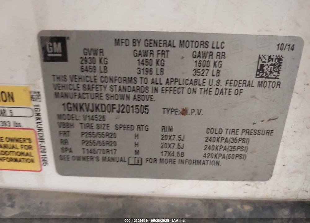 2015 CHEVROLET TRAVERSE VIN: 1GNKVJKD0FJ201505