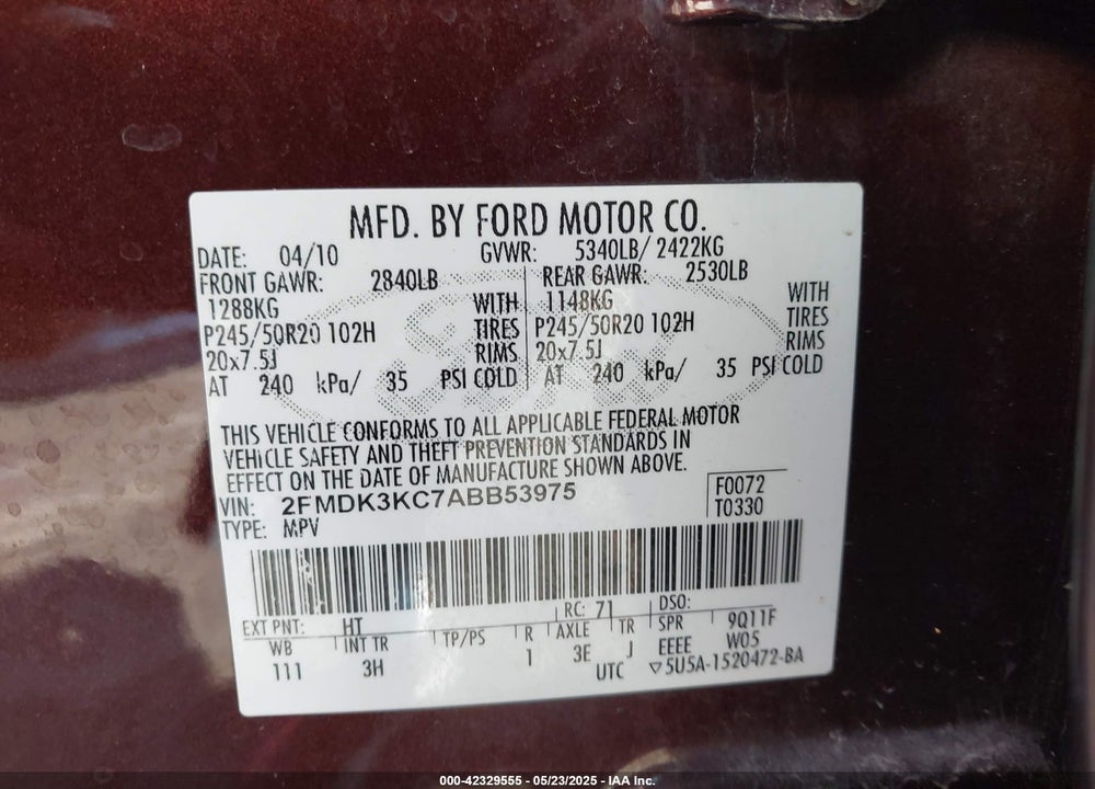 2010 FORD EDGE VIN: 2FMDK3KC7ABB53975