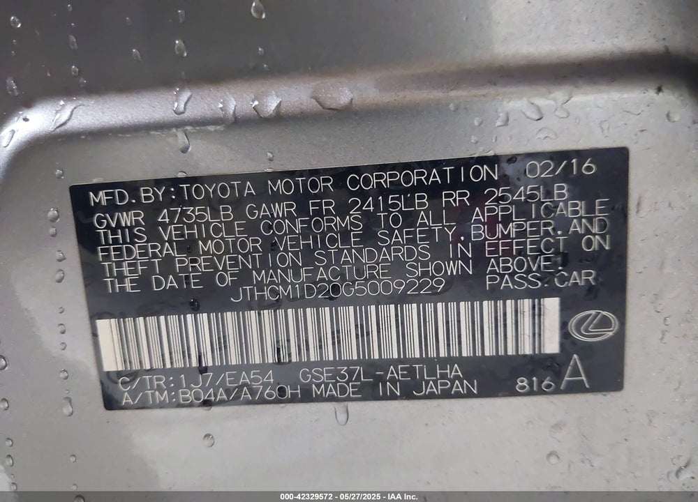 2016 LEXUS IS 300 VIN: JTHCM1D20G5009229