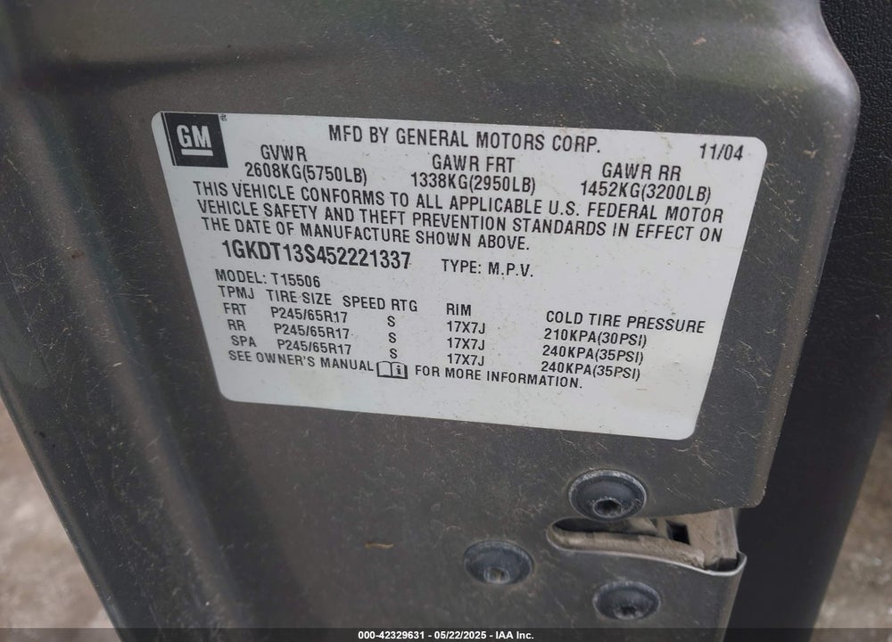 2005 GMC ENVOY SLT VIN: 1GKDT13S452221337
