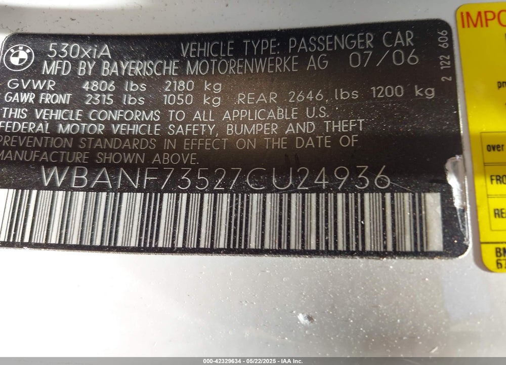 2007 BMW 530XI VIN: WBANF73527CU24936