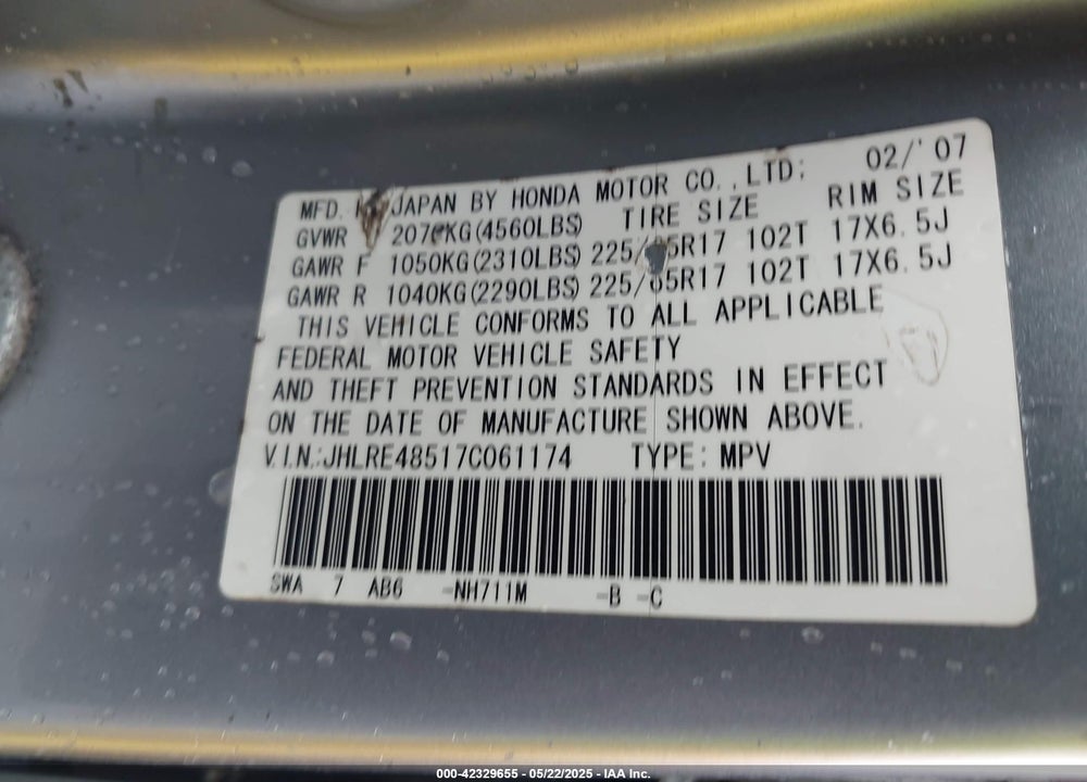 2007 HONDA CR-V VIN: JHLRE48517C061174