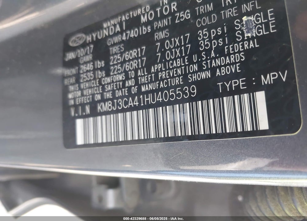 2017 HYUNDAI TUCSON VIN: KM8J3CA41HU405539