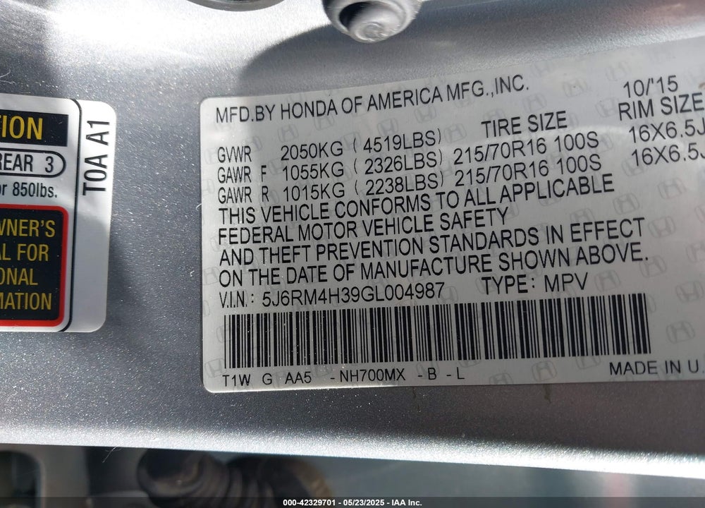 2016 HONDA CR-V LX VIN: 5J6RM4H39GL004987