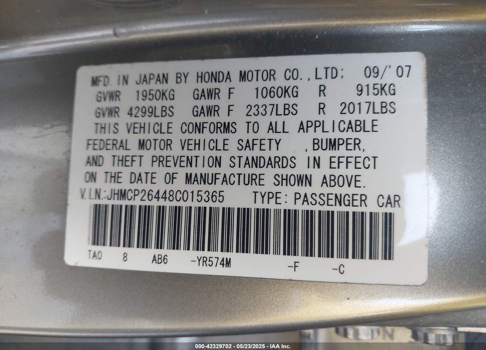 2008 HONDA ACCORD 2.4 LX-P VIN: JHMCP26448C015365