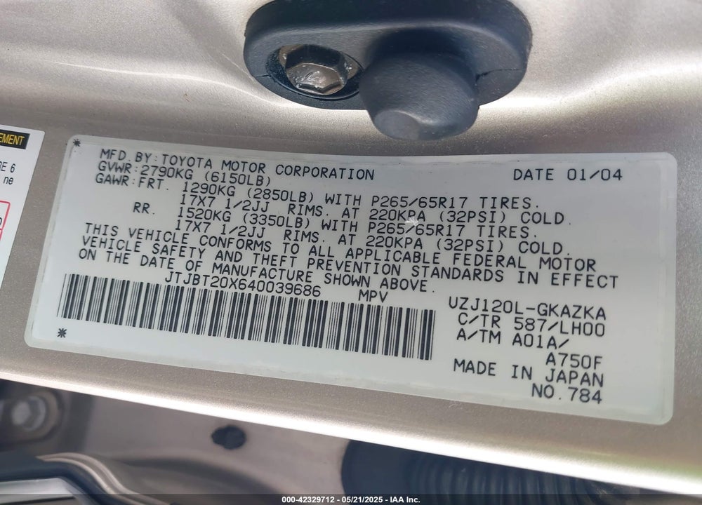 2004 LEXUS GX 470 VIN: JTJBT20X640039686