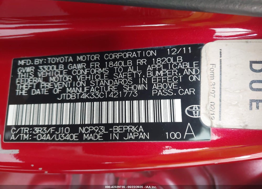 2012 TOYOTA YARIS VIN: JTDBT4K33C1421773