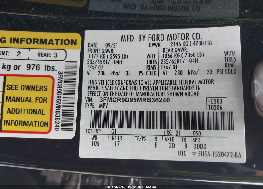 2021 FORD BRONCO SPORT VIN: 3FMCR9D95MRB36240