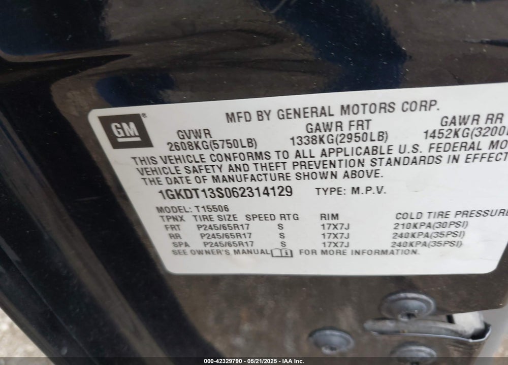2006 GMC ENVOY VIN: 1GKDT13S062314129