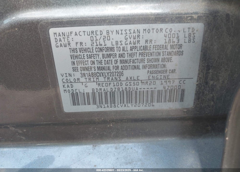 2020 NISSAN SENTRA VIN: 3N1AB8CVXLY207206