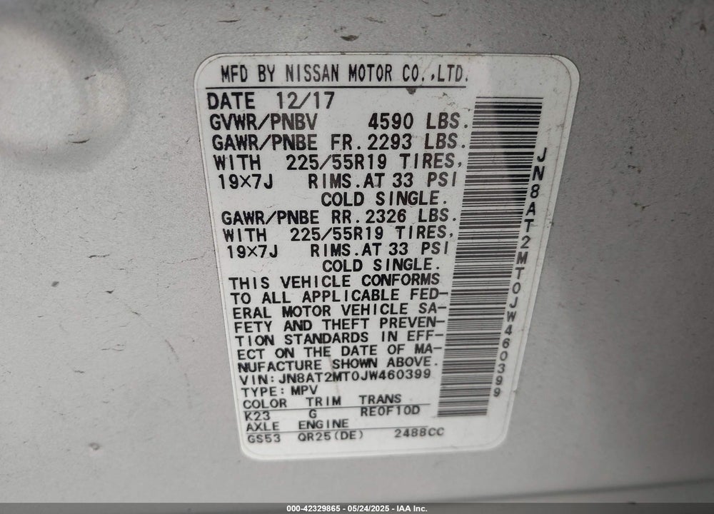 2018 NISSAN ROGUE VIN: JN8AT2MT0JW460399