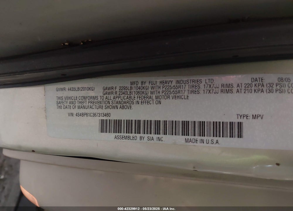 2006 SUBARU OUTBACK VIN: 4S4BP61C367313460