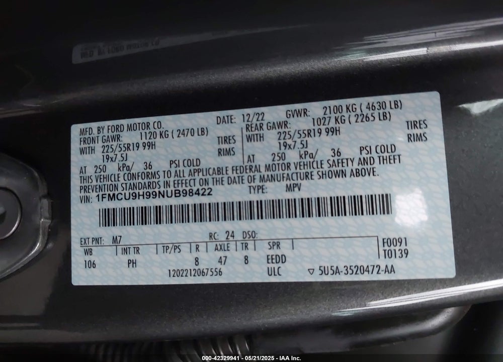 2022 FORD ESCAPE VIN: 1FMCU9H99NUB98422