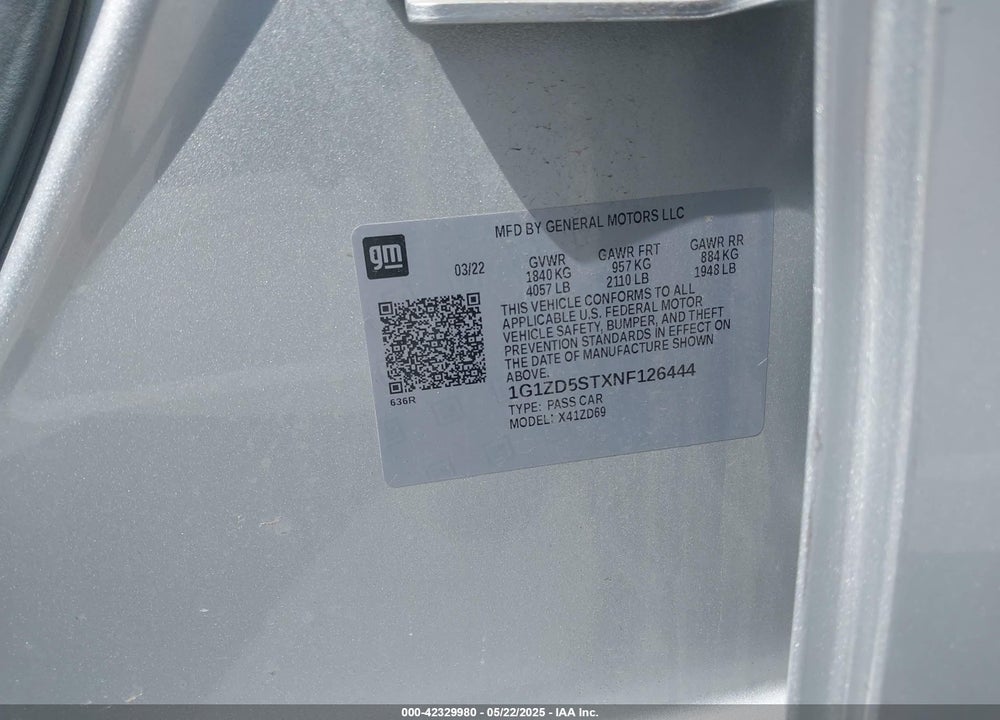 2022 CHEVROLET MALIBU FWD LT VIN: 1G1ZD5STXNF126444