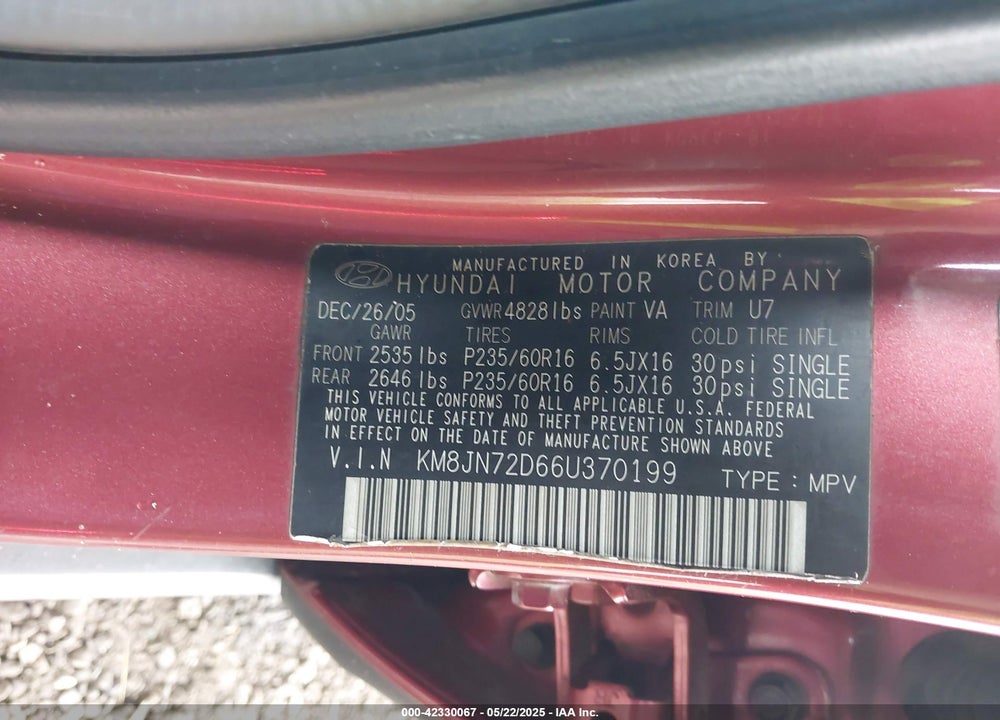2006 HYUNDAI TUCSON GLS/LIMITED VIN: KM8JN72D66U370199