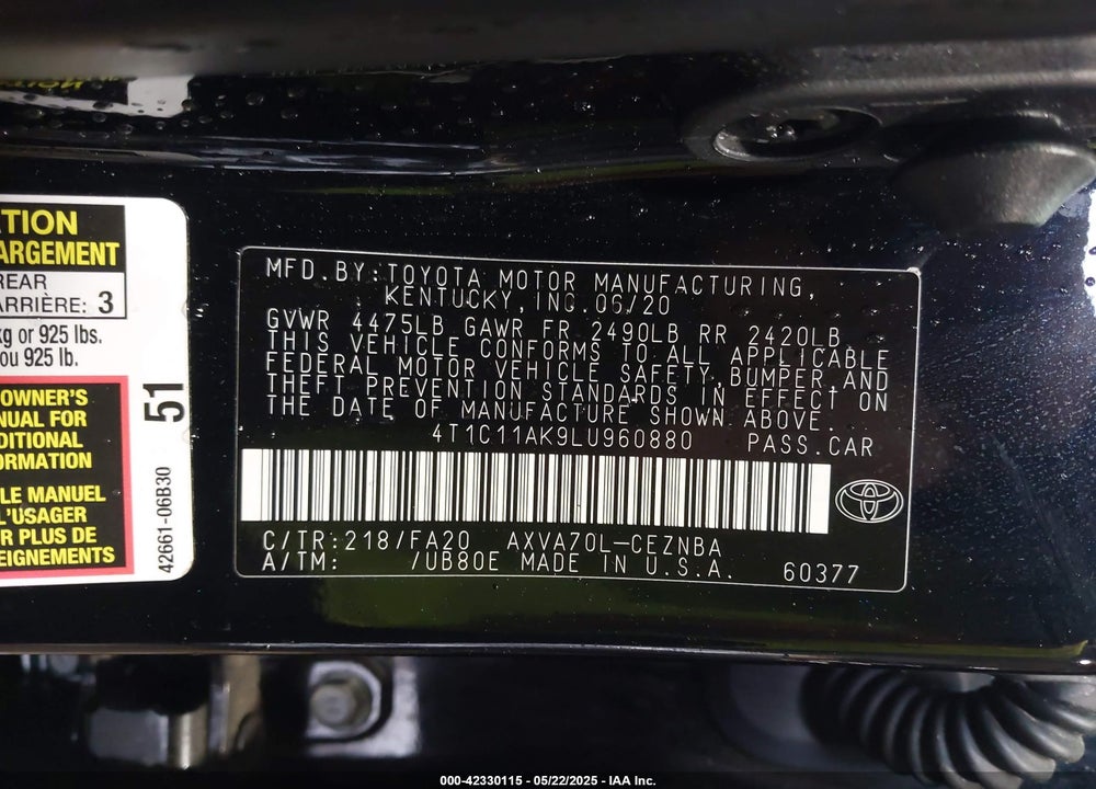 2020 TOYOTA CAMRY VIN: 4T1C11AK9LU960880