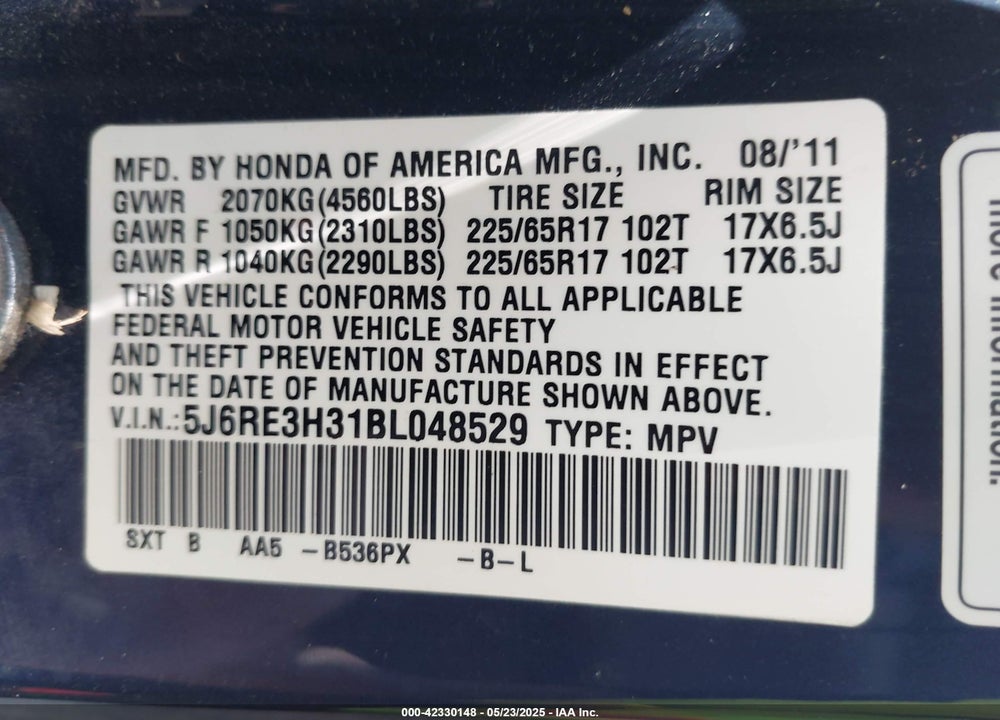 2011 HONDA CR-V VIN: 5J6RE3H31BL048529