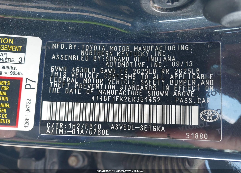 2014 TOYOTA CAMRY XLE VIN: 4T4BF1FK2ER351452