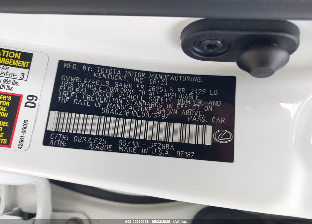 2020 LEXUS ES 350 VIN: 58AGZ1B10LU075797