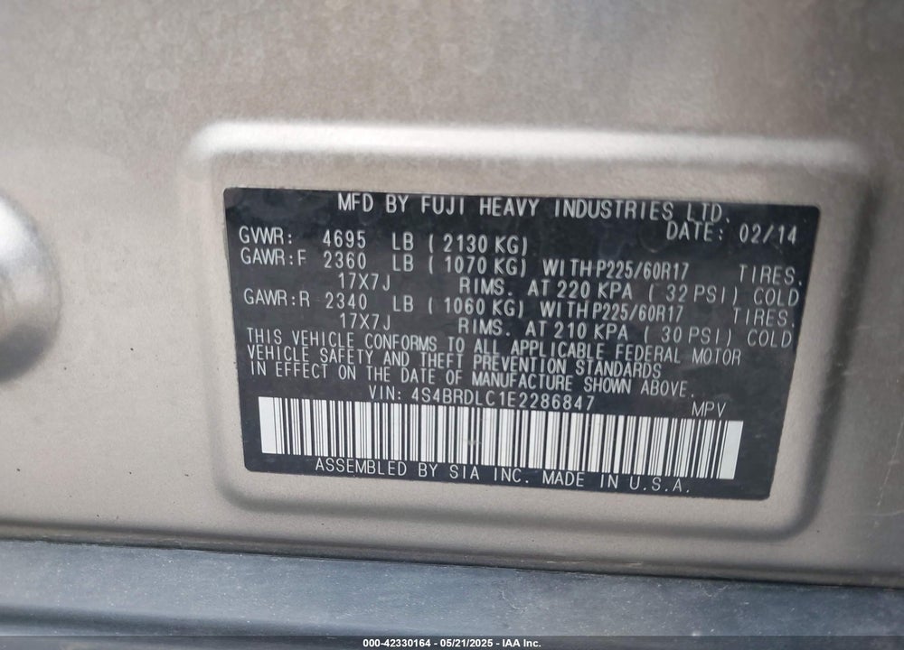 2014 SUBARU OUTBACK 3.6R LIMITED VIN: 4S4BRDLC1E2286847