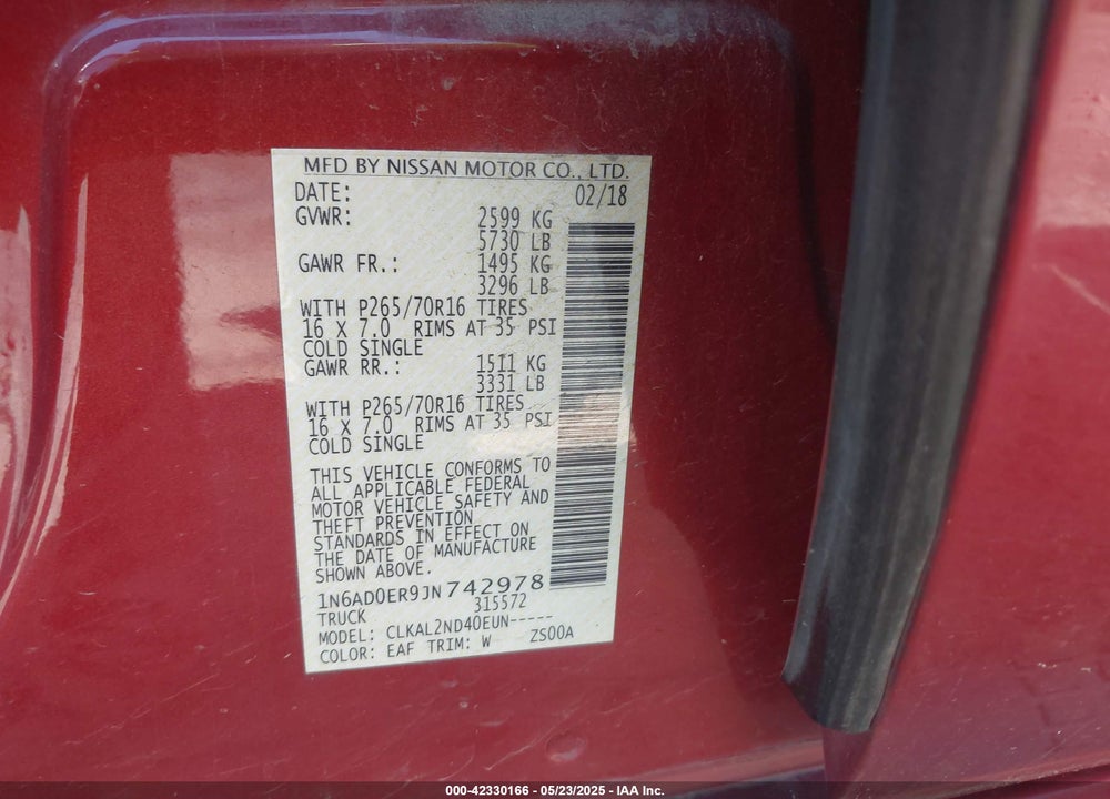 2018 NISSAN FRONTIER SV VIN: 1N6AD0ER9JN742978