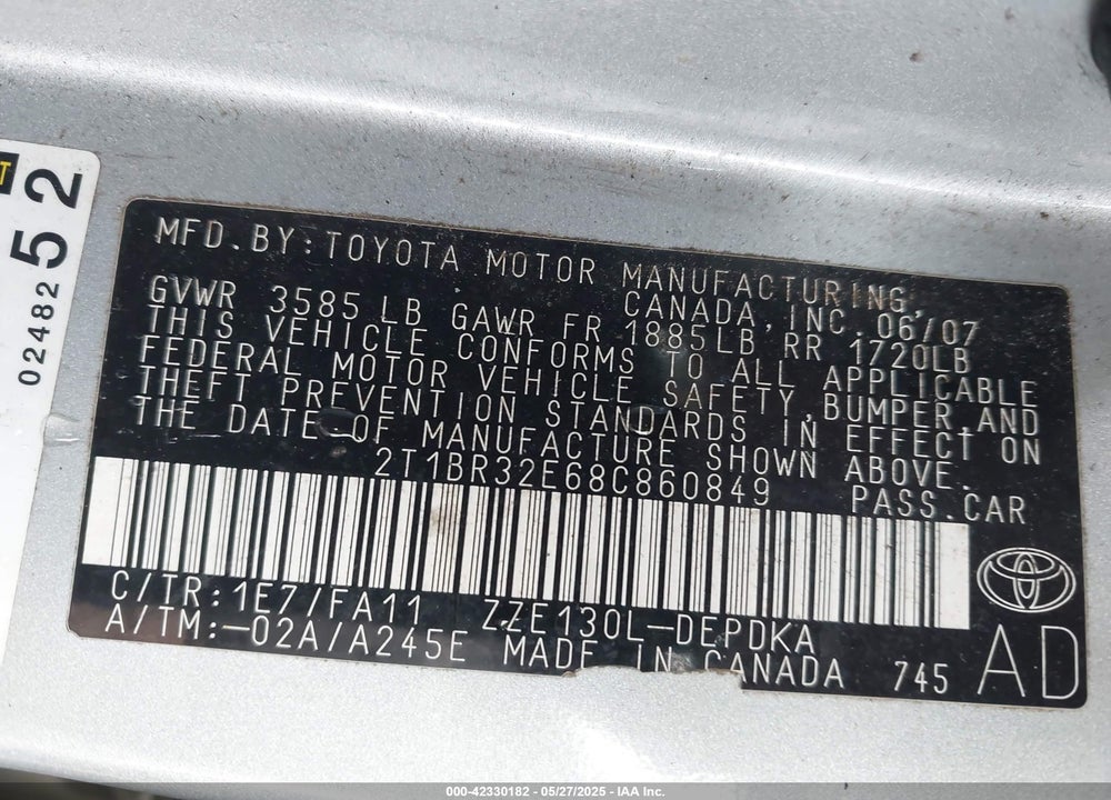2008 TOYOTA COROLLA CE/LE/S VIN: 2T1BR32E68C860849