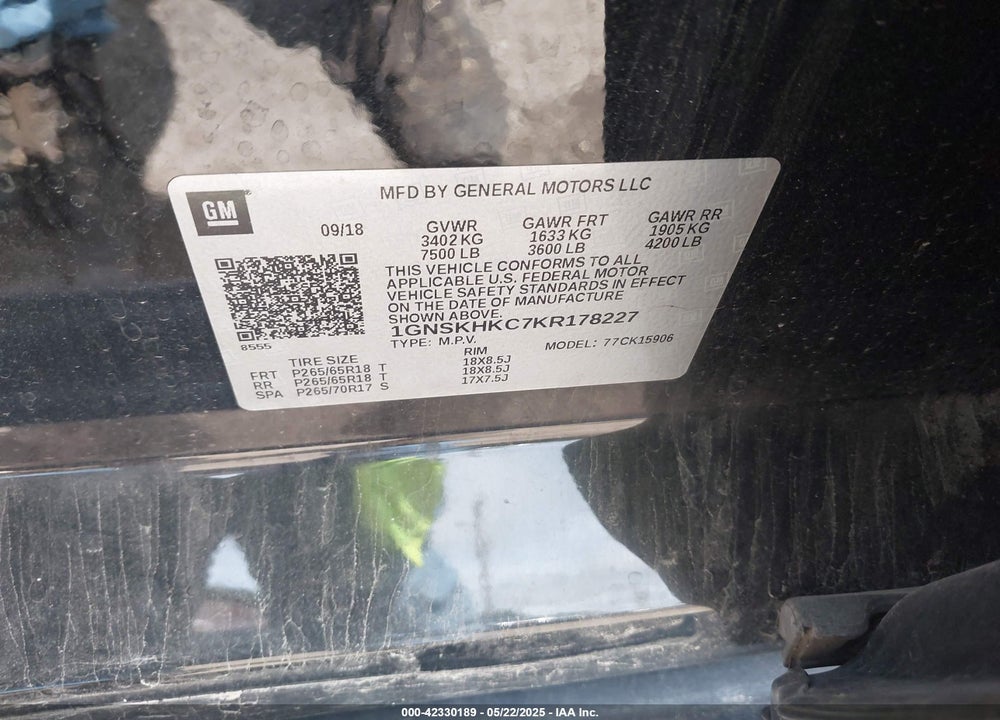 2019 CHEVROLET SUBURBAN VIN: 1GNSKHKC7KR178227