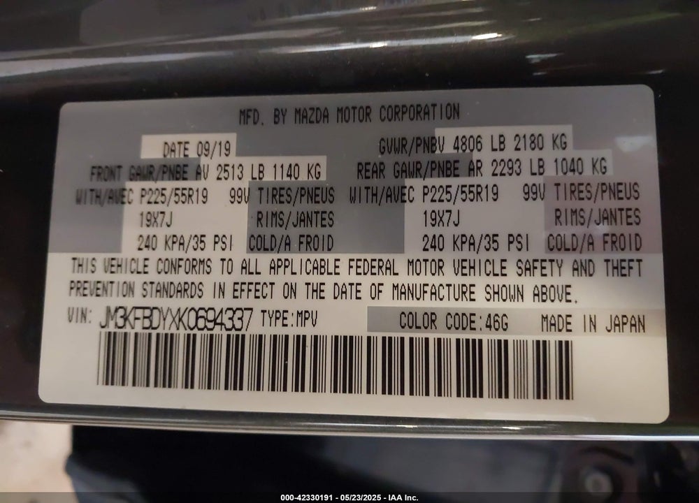 2019 MAZDA CX-5 VIN: JM3KFBDYXK0694337
