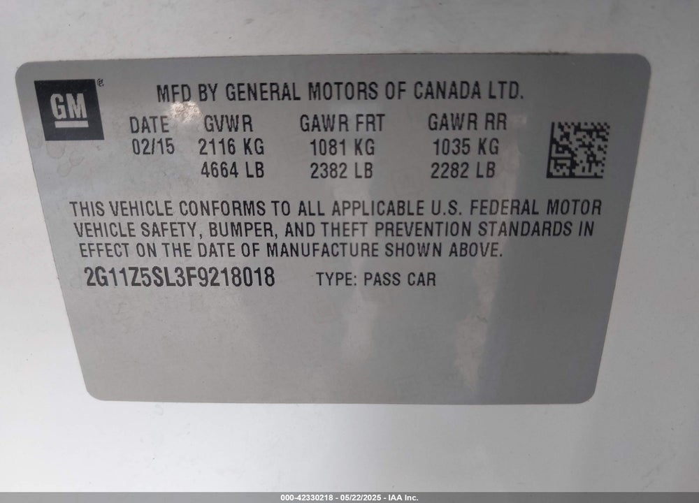 2015 CHEVROLET IMPALA VIN: 2G11Z5SL3F9218018