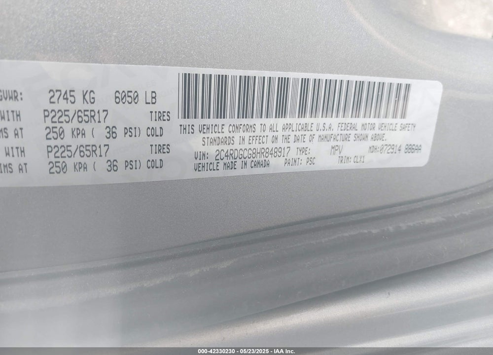2017 DODGE GRAND CARAVAN SXT VIN: 2C4RDGCG8HR848917