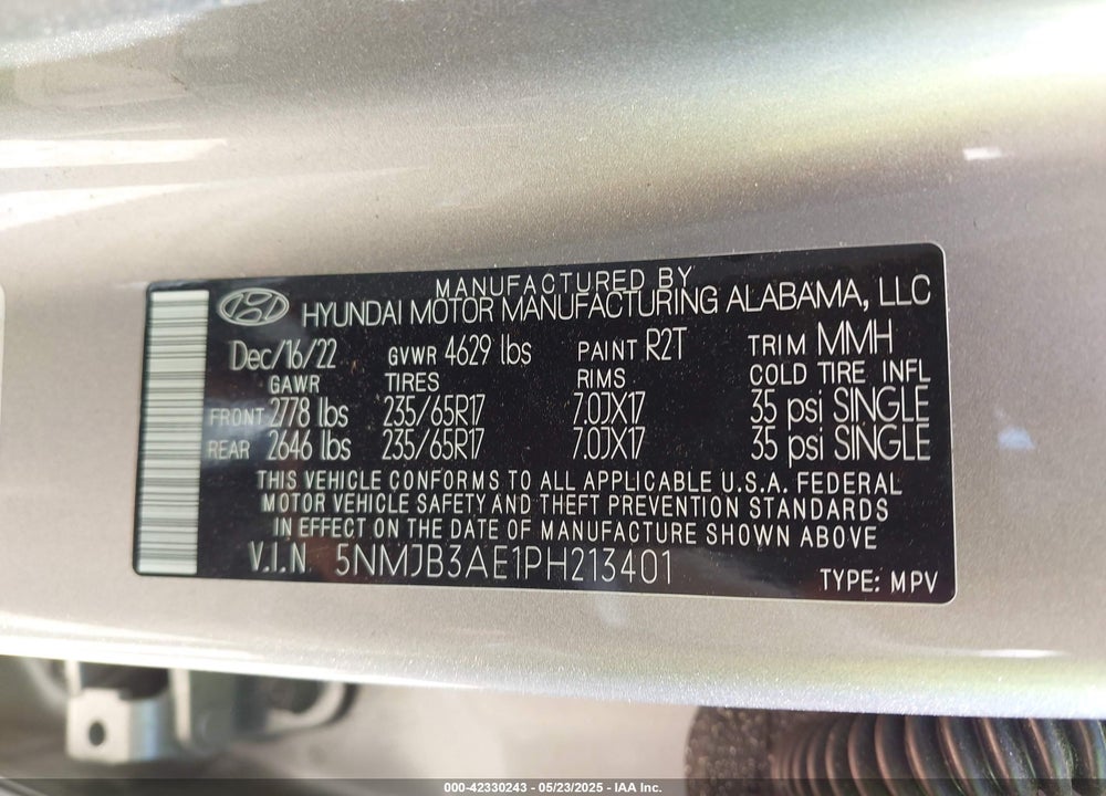2023 HYUNDAI TUCSON SEL VIN: 5NMJB3AE1PH213401