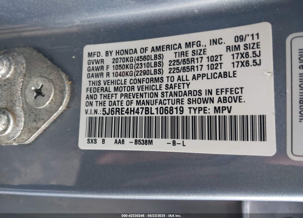 2011 HONDA CR-V SE VIN: 5J6RE4H47BL106819