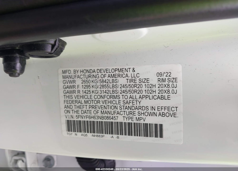 2022 HONDA PILOT VIN: 5FNYF6H63NB086457
