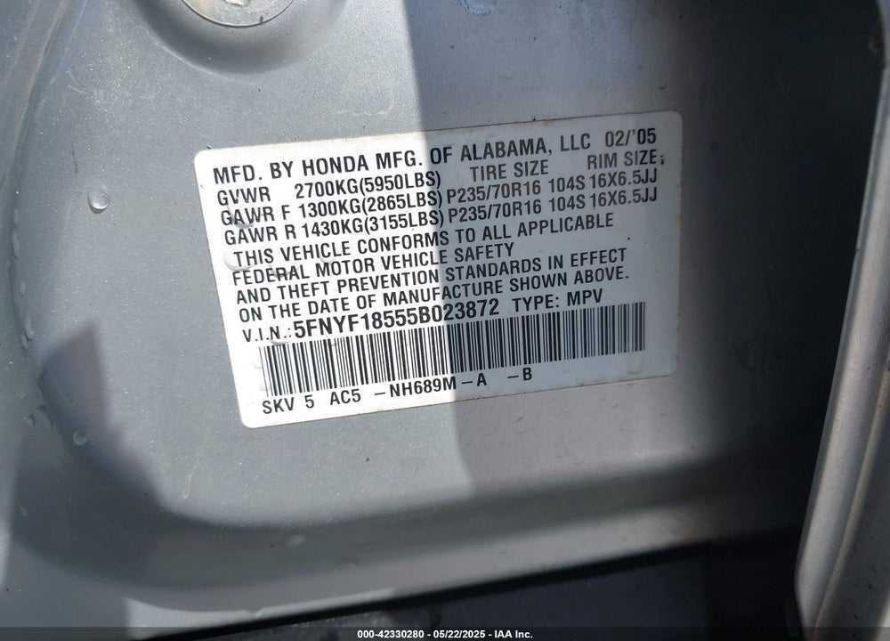 2005 HONDA PILOT EX-L VIN: 5FNYF18555B023872