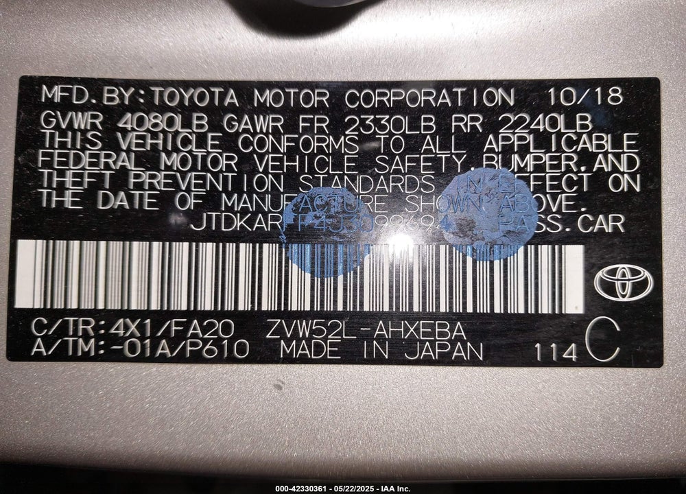 2018 TOYOTA PRIUS PRIME PLUS VIN: JTDKARFP4J3099694