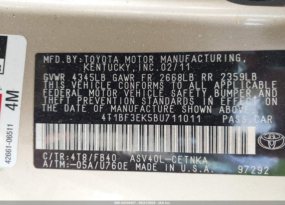 2011 TOYOTA CAMRY VIN: 4T1BF3EK5BU711011