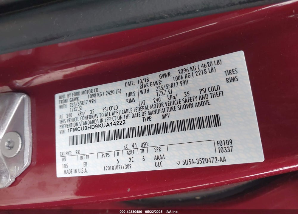 2019 FORD ESCAPE SEL VIN: 1FMCU0HD9KUA14222