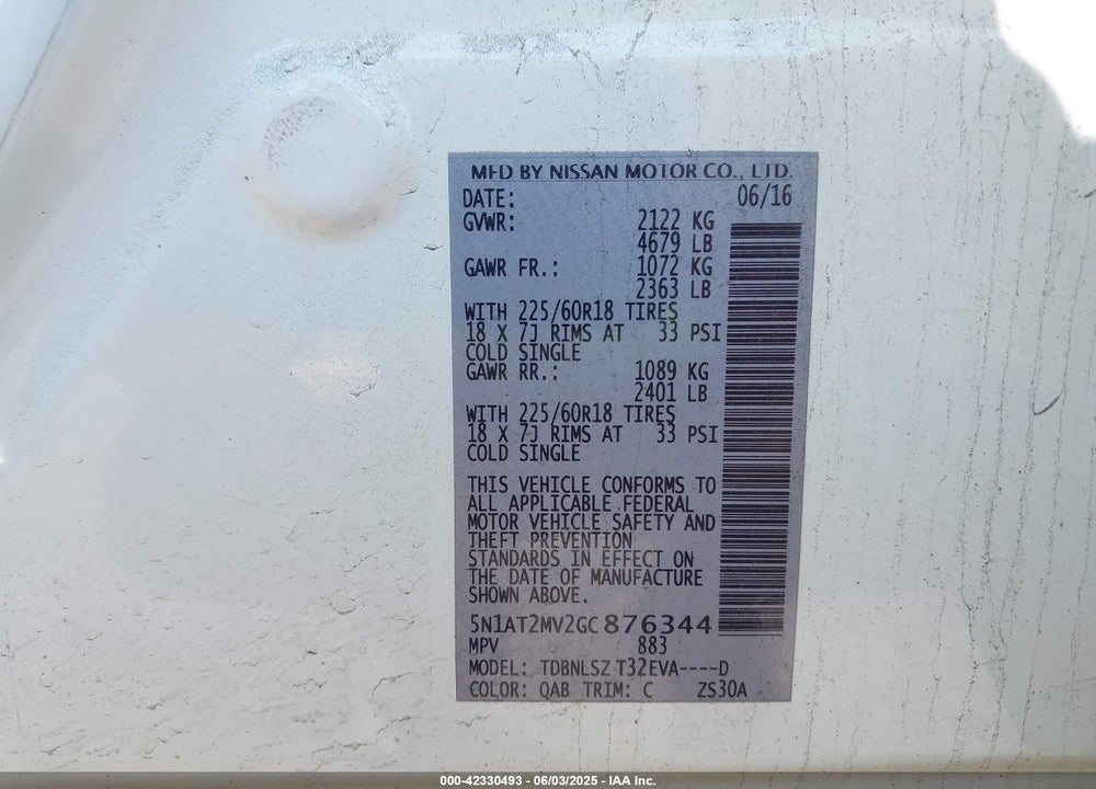 2016 NISSAN ROGUE VIN: 5N1AT2MV2GC876344