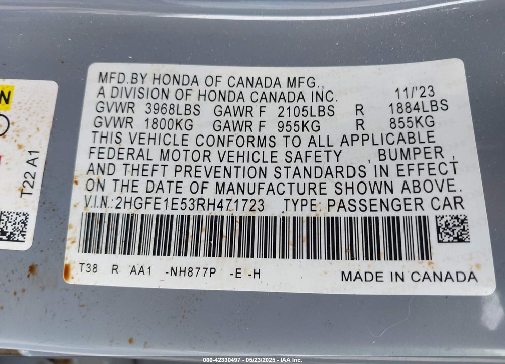 2024 HONDA CIVIC VIN: 2HGFE1E53RH471723