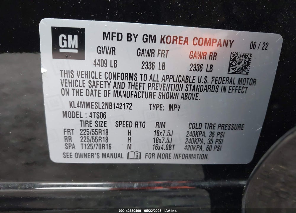 2022 BUICK ENCORE GX VIN: KL4MMESL2NB142172