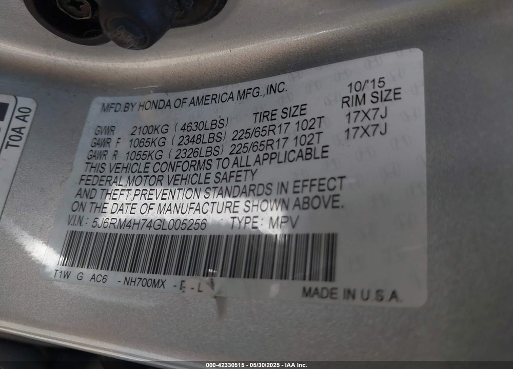 2016 HONDA CR-V EX-L VIN: 5J6RM4H74GL005256