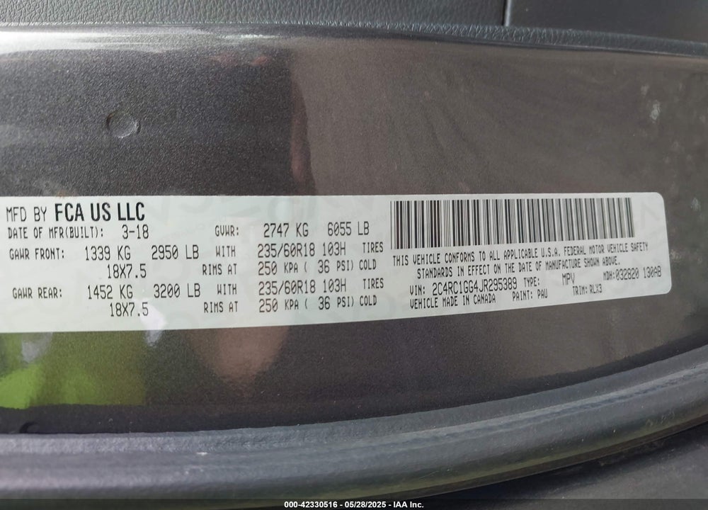 2018 CHRYSLER PACIFICA LIMITED VIN: 2C4RC1GG4JR295389